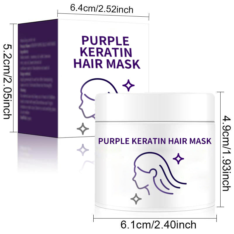 đLila keratinhĂ„rmask đ- lĂ„ser fĂ€rg och neutraliserar mĂ€ssing och gula toner för blont silvergrĂ„tt markerat hĂ„r