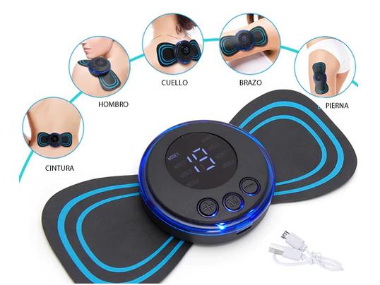 đ„BĂ€rbar massageapparat med 8 lĂ€gen och LCD-skĂ€rm - Mini muskelstimulator för smĂ€rtlindring