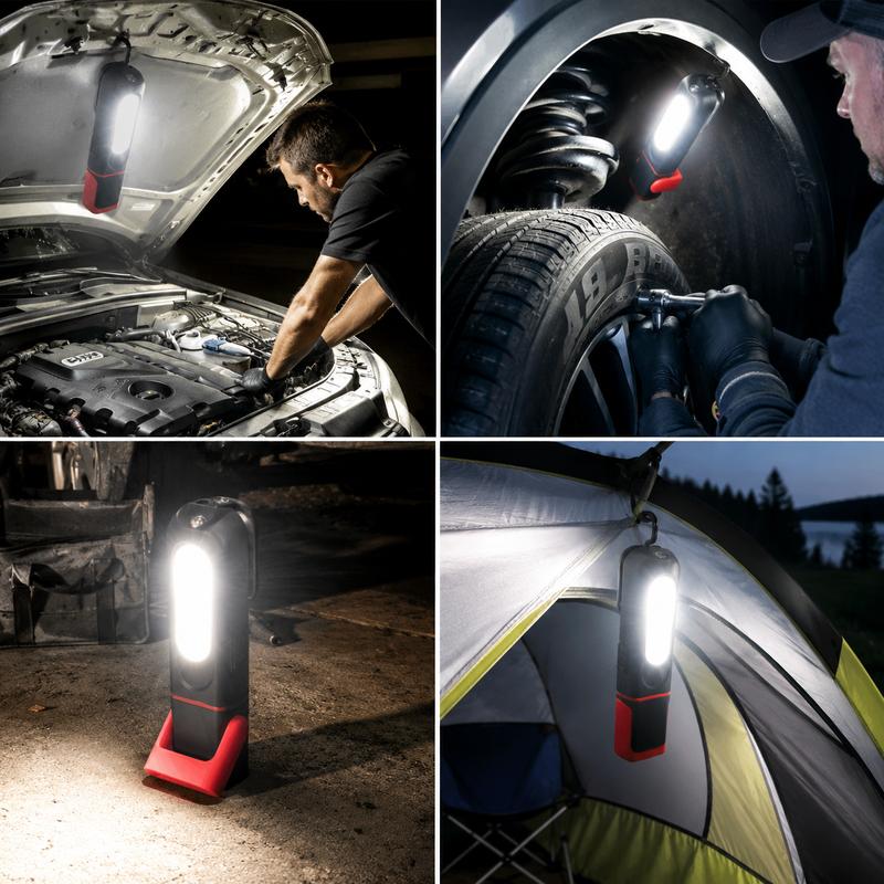đ„SAKERPLUS uppladdningsbar arbetslampa, 3000 LM COB-LED-lampa med magnetfĂ€ste för mekaniker, 360° vridbar krok, 180° justerbart stativ, ficklampelĂ€ge, USB-C-laddning, IP54-vattentĂ„lig för bilreparationer, garage och camping