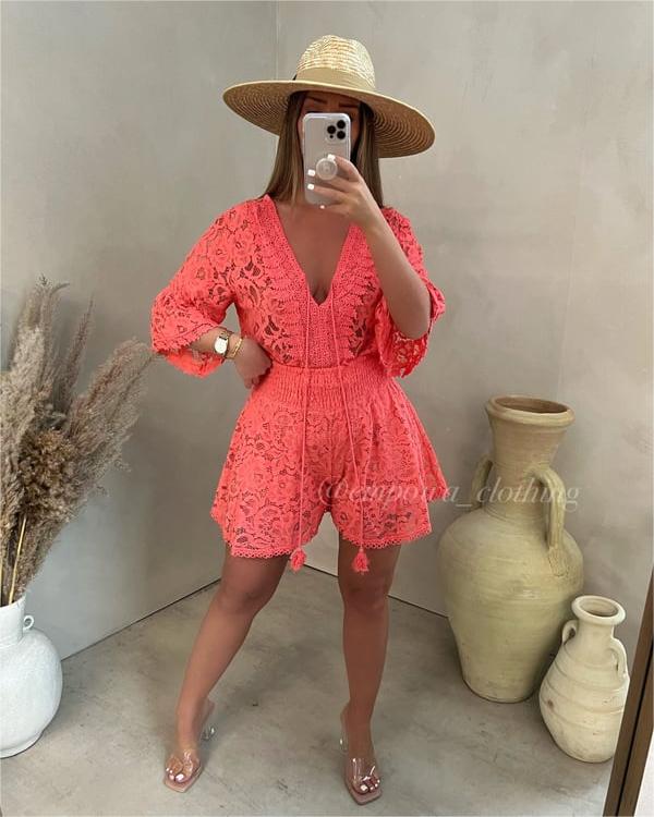 đ„Super lĂ„g rabattđ„ Casual Kort V-Neck Lace Suit