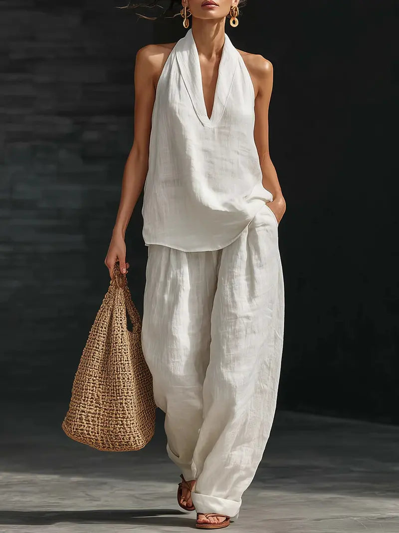 đ 50% RABATT! đ Boho Linne TvĂ„delat Set â Halslinne & Vida Byxor, LĂ€tt & Perfekt För En Ledig Sommarlook đ