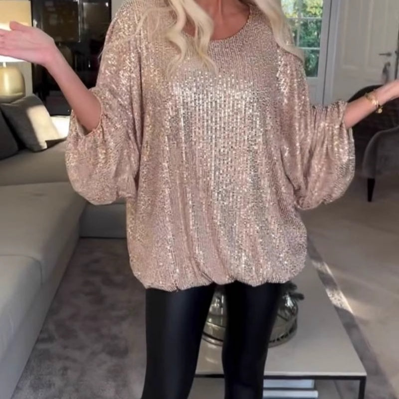 Rund hals Sequin Lång ärm Lös topp
