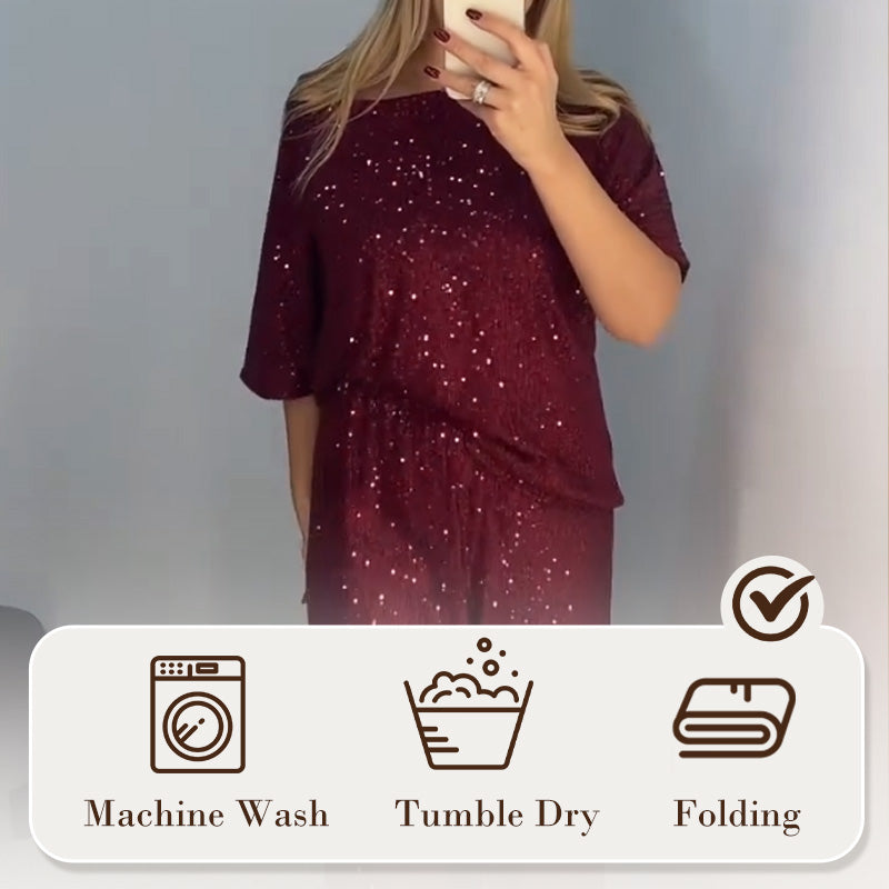 Sequin Crewneck Top & Loose Trousers för kvinnor