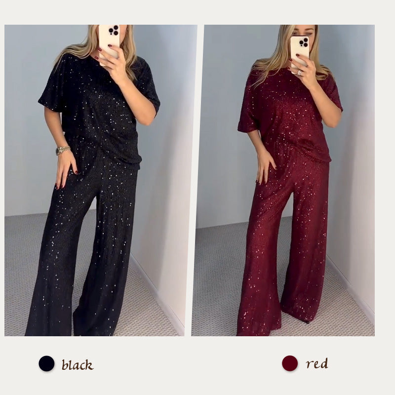 Sequin Crewneck Top & Loose Trousers för kvinnor