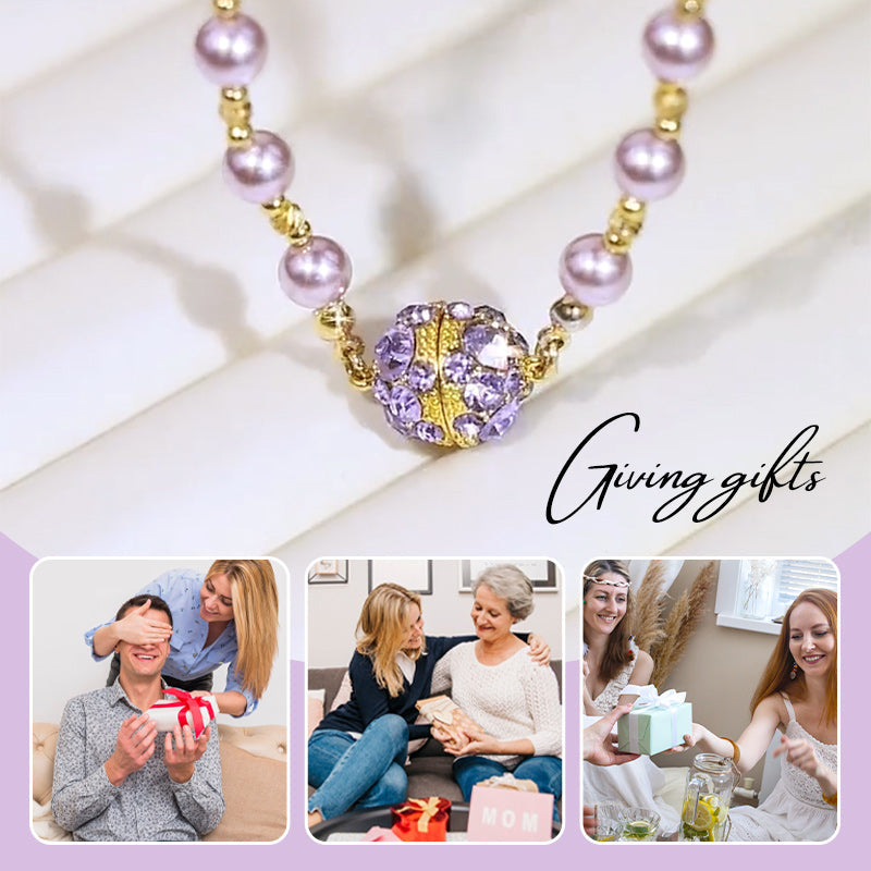 Elegant pärlhalsband av imitationspärla med gnistrande magnetisk strassboll