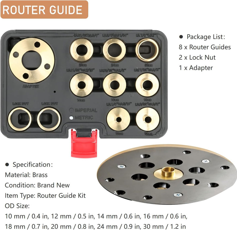 11PCS Mässing Router Mall Guide Sleeve Kit