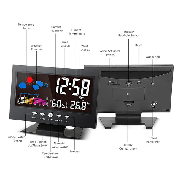 đ„Digital LED -temperaturfuktighet Monitor VĂ€derprognos LED -bordsvattenklocka