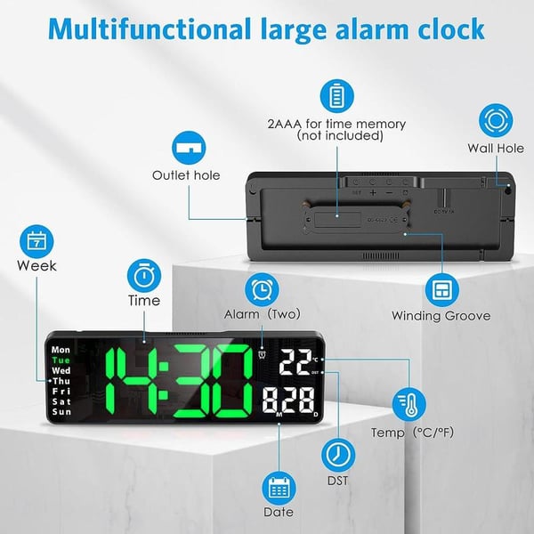 ⚡13" stor digital klocka med temperatur, datum, automatisk sommartid, nattbelysning, automatisk ljusstyrka