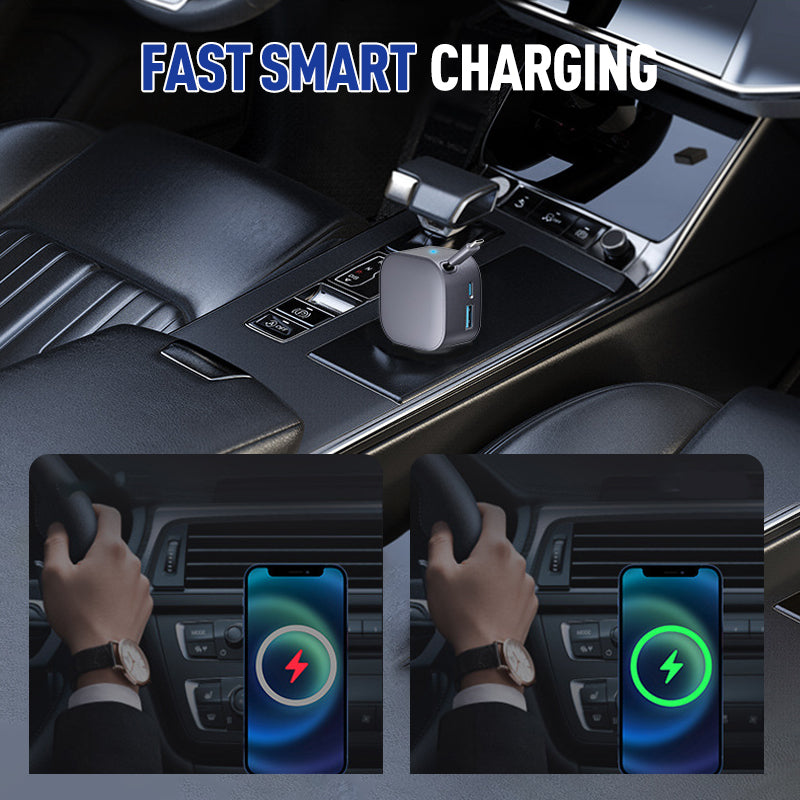 ⚡ Kompakt indragbar billaddare – Snabbladdning med självrullande kabel, dubbla USB-portar för alla enheter 🚗📱