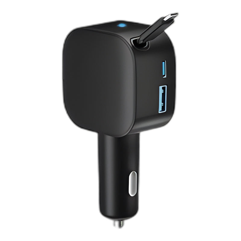⚡ Kompakt indragbar billaddare – Snabbladdning med självrullande kabel, dubbla USB-portar för alla enheter 🚗📱