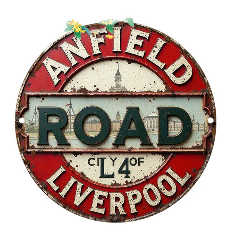 đ„Vintage Anfield Road L4 aluminiumskylt för vĂ€ggmontering