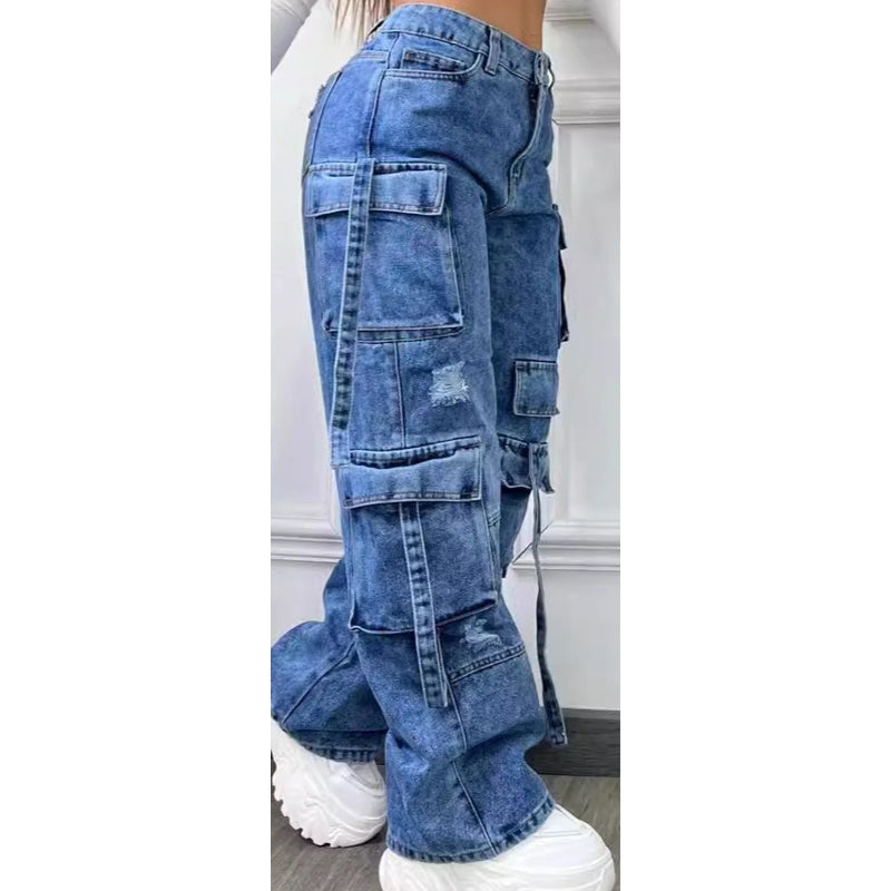 Kvinnors hög midja Baggy Cargo Jeans