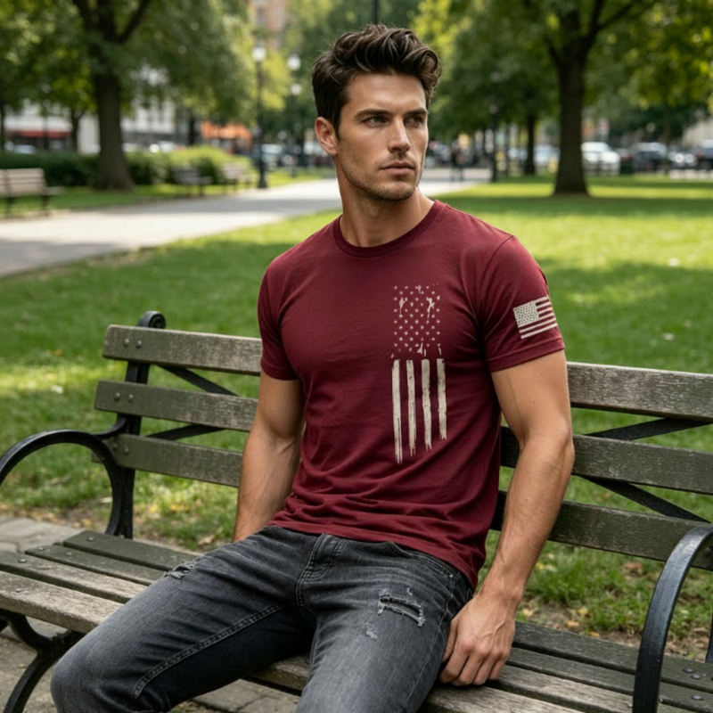 📢📢50 % RABATT !! ⏰T-shirt för män med slitna detaljer och amerikansk flagga