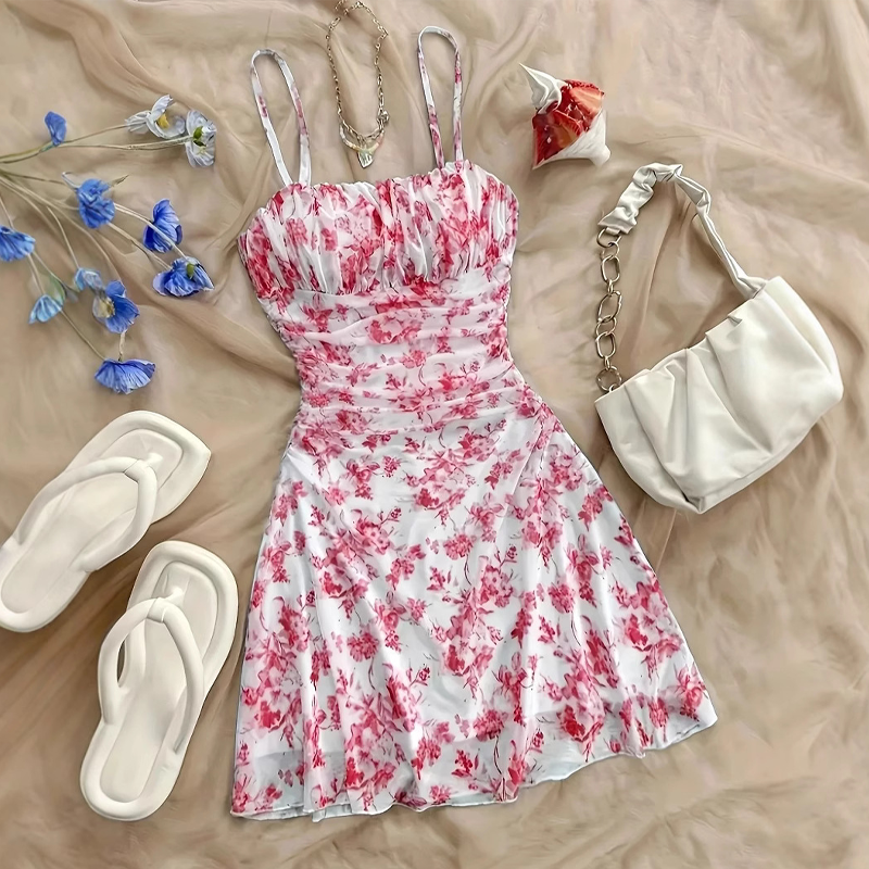 đ50% RABATT! âš Blommig Ruched MiniklĂ€nning â Spaghettiband, Ryggfri, Strandredo đž