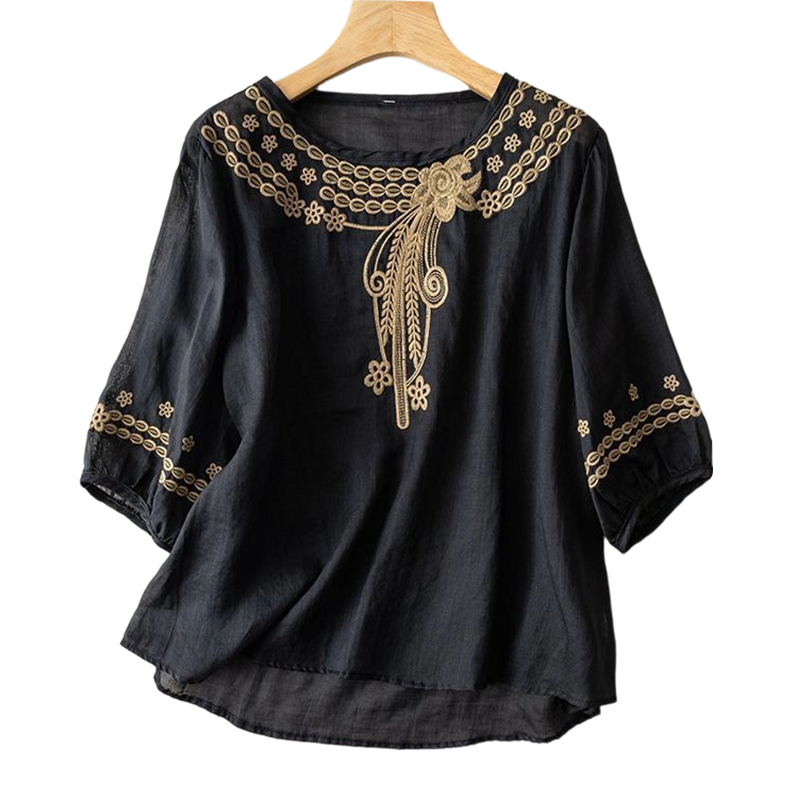 đ 50% RABATT NU! đž Broderad Blus i Bomull-Linne â UtskĂ€rningar & 3/4-Ărm â Luftig Retroelegans đż