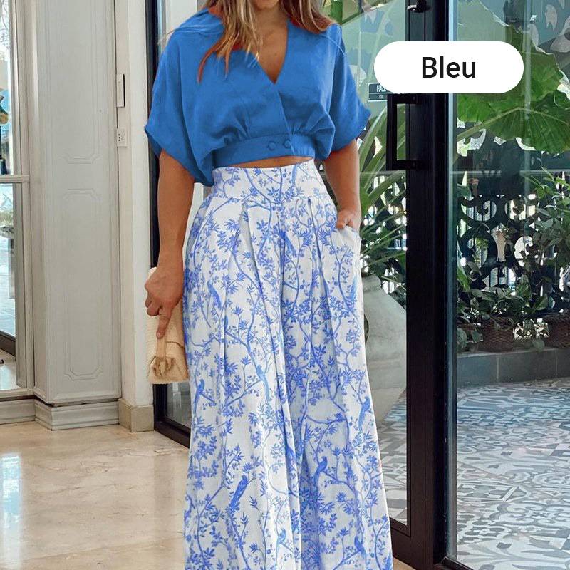 49 % rabattđ·Elegant tvĂ„delat set för damer ăTopp med V-ringning & byxor med vida benă