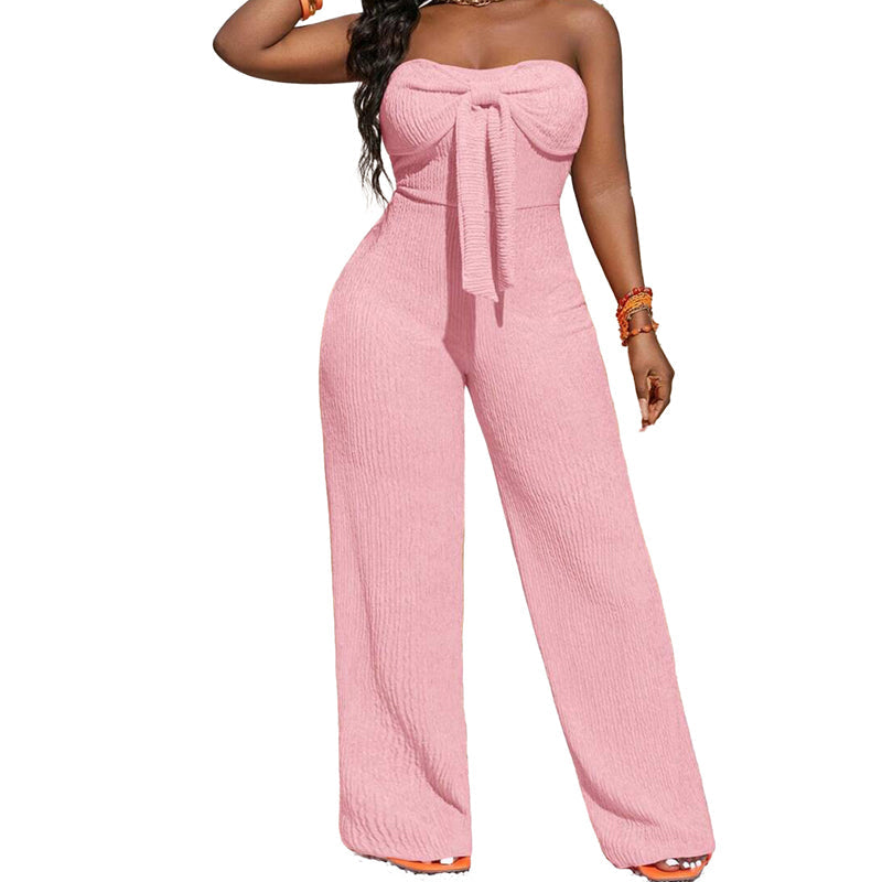 ๐ LIMITED-TIME 50% OFF! ๐ฅ Women's Strapless High-Waisted Wide-Leg Jumpsuit โ Bustier Top, Bow Detail, Textured โจ
