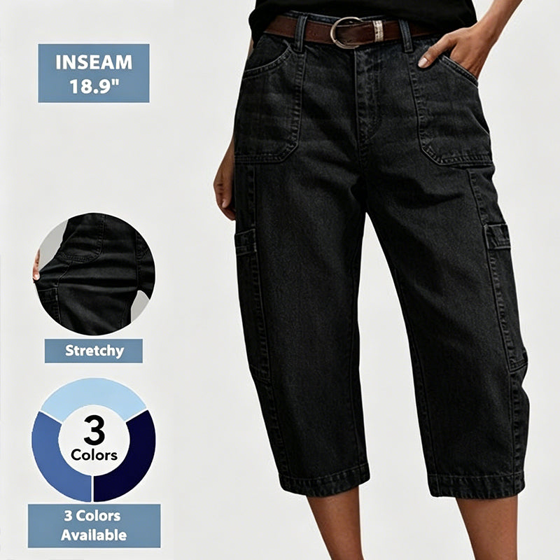 đ 50% RABATT NU! âš Korta stretchiga jeansbyxor för dam â Barrel-passform & mjuk denim â Avslappnad & bekvĂ€m â perfekt för vardagen eller lediga dagar đżđž