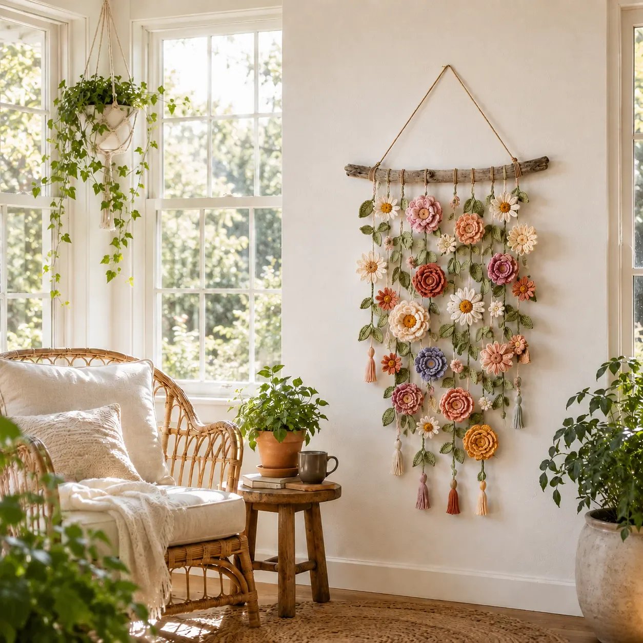 đž 50% RABATT NU! đ§¶ VĂ€ggdekoration med Virkat Blommönster â Handgjord Boho-charm â Perfekt för Sovrum, Vardagsrum & Barnrum â LĂ€tt att HĂ€nga Upp đĄ