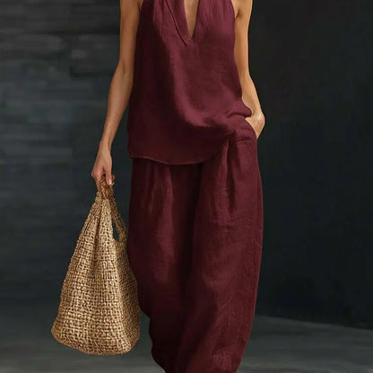 👚 50% RABATT! 🌞 Boho Linne Tvådelat Set – Halslinne & Vida Byxor, Lätt & Perfekt För En Ledig Sommarlook 💃