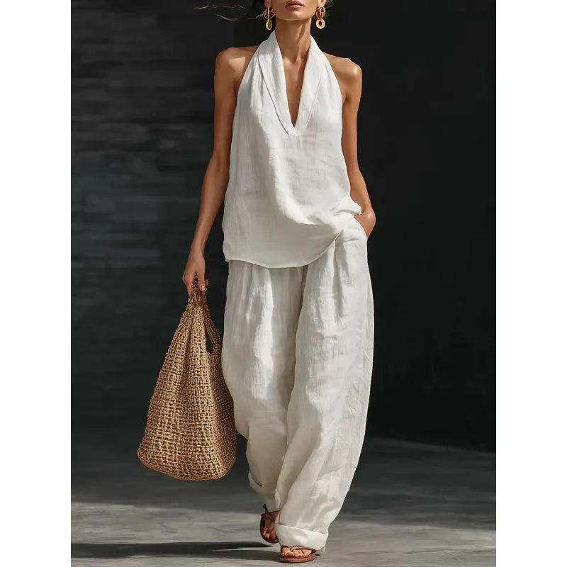 👚 50% RABATT! 🌞 Boho Linne Tvådelat Set – Halslinne & Vida Byxor, Lätt & Perfekt För En Ledig Sommarlook 💃