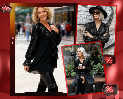 🎅 JULREA✨Damtröja med V-ringning, chiffong och paljetter, långärmad🎁