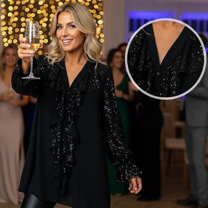 🎅 JULREA✨Damtröja med V-ringning, chiffong och paljetter, långärmad🎁