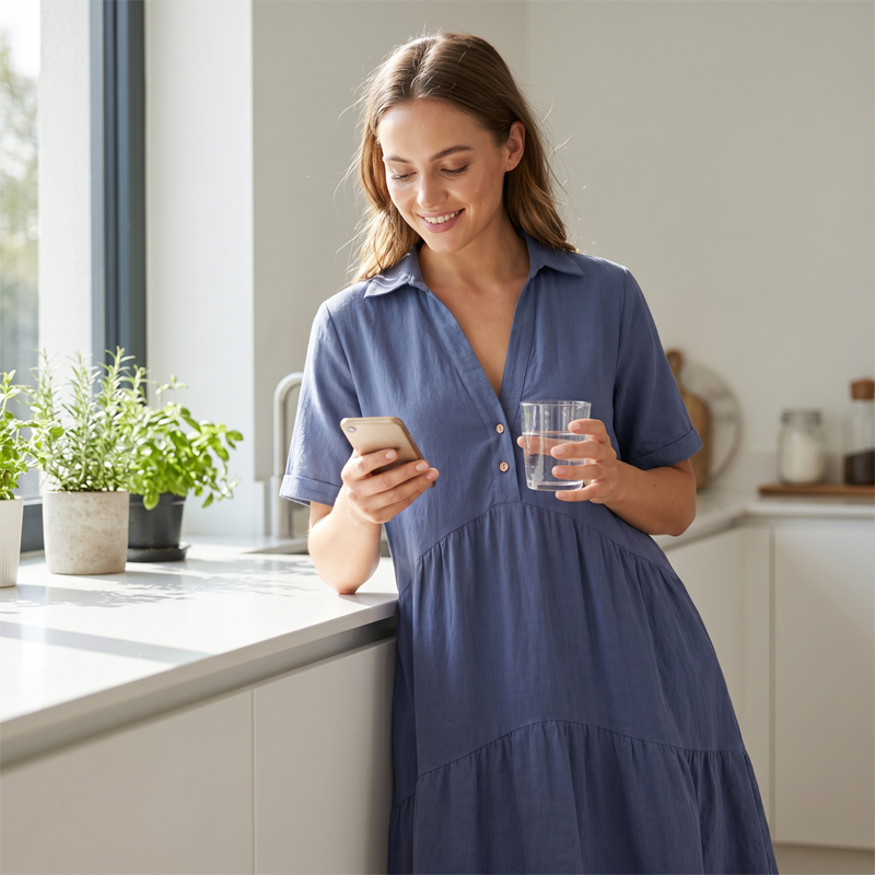 👗 40% RABATT NU! 🌸Enfärgad, bekväm klänning med knappar vid kragen