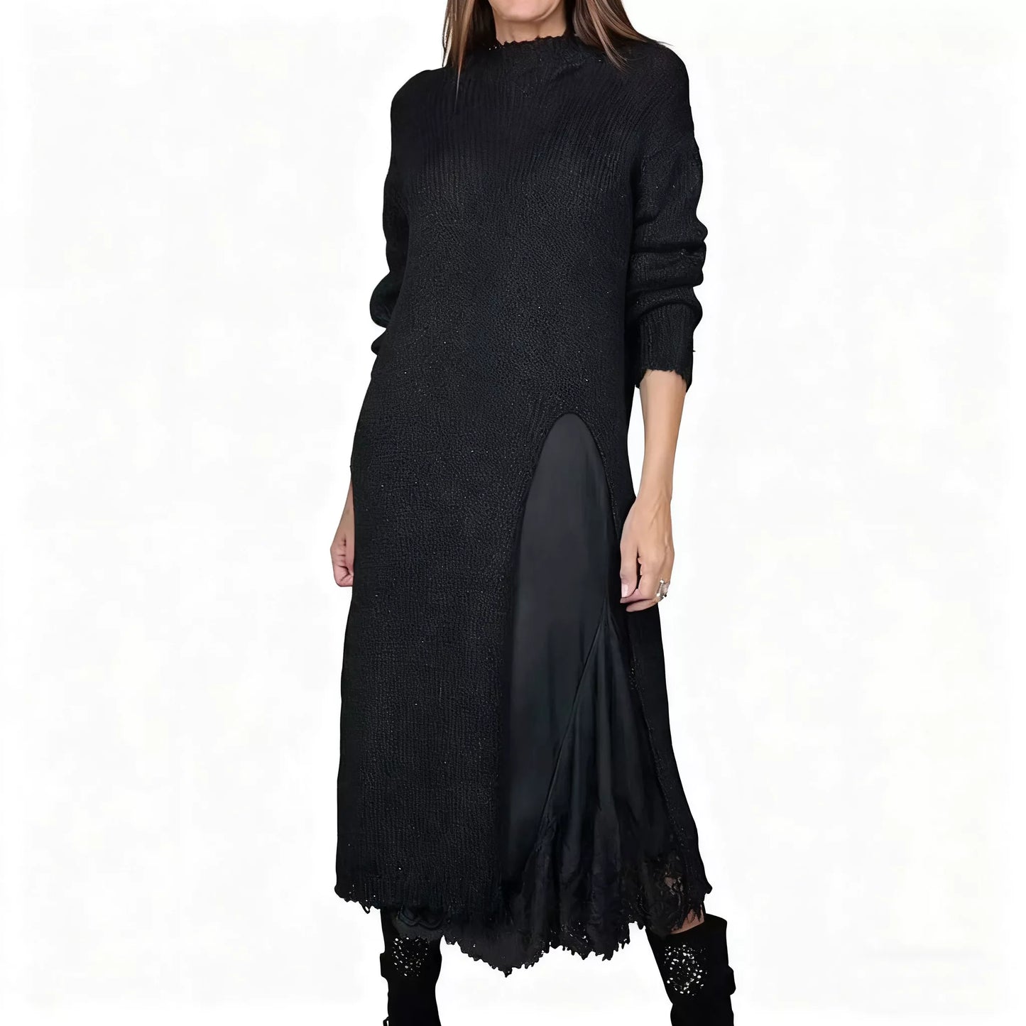 👗 60% RABATT NU! ✨ Dam Lång Stickad Kofta med Spetsinlägg - Elegant Tvådelad Set med Mjukt Stretchtyg för Kontors- och Festlook 💃🌟