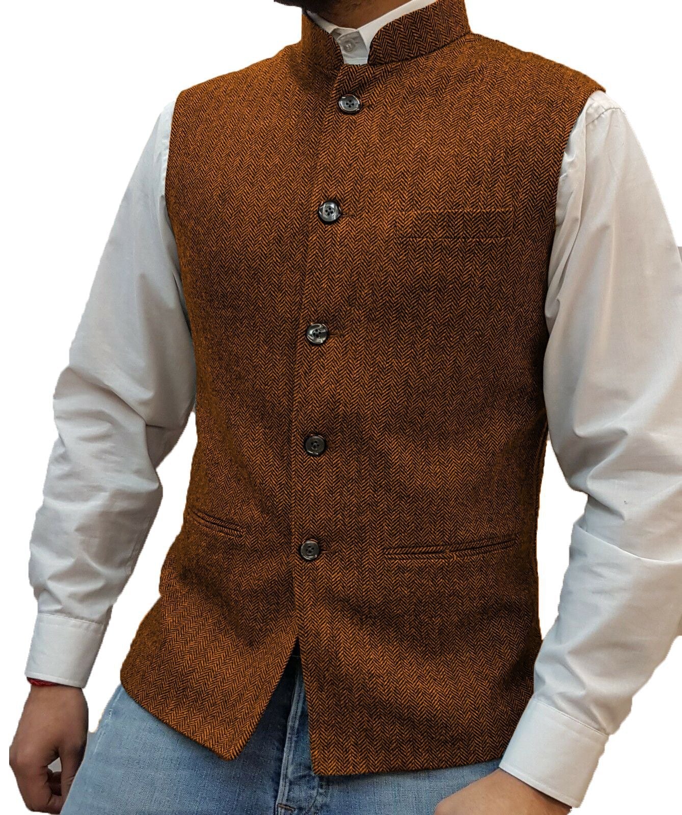 👔 50% RABATT! Herrväst med Fiskbensmönster & Hög Krage – Modern Strukturerad Skärning & Funktionella Fickor!