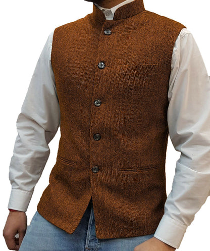 👔 50% RABATT! Herrväst med Fiskbensmönster & Hög Krage – Modern Strukturerad Skärning & Funktionella Fickor!