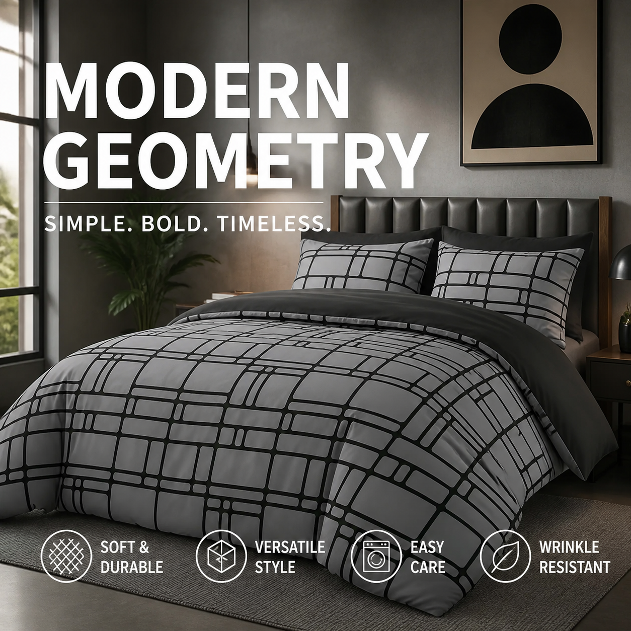 Moderna, minimalistiska sängkläder med geometriska mönster