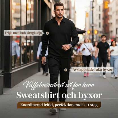 ⏰ Endast nu 49% rabatt!🔥Herrset i Vaffelstickning – Collegetröja & Raka Byxor