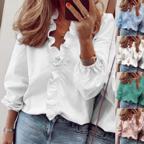 👚 50% RABATT 🌸 | Långärmad Damskjorta med Volanger – Lös Passform & Lanternärmar