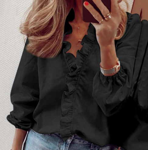👚 50% RABATT 🌸 | Långärmad Damskjorta med Volanger – Lös Passform & Lanternärmar