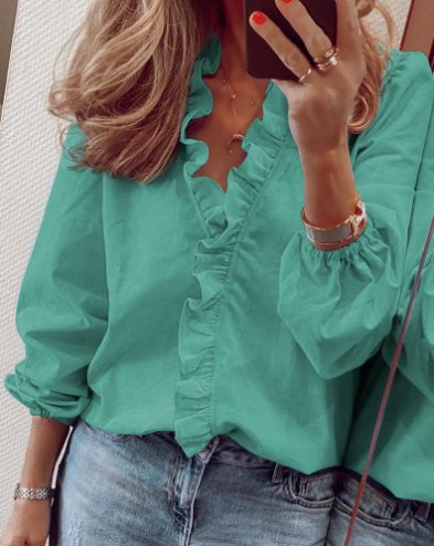 👚 50% RABATT 🌸 | Långärmad Damskjorta med Volanger – Lös Passform & Lanternärmar
