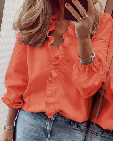 👚 50% RABATT 🌸 | Långärmad Damskjorta med Volanger – Lös Passform & Lanternärmar