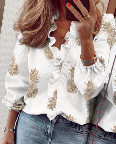 👚 50% RABATT 🌸 | Långärmad Damskjorta med Volanger – Lös Passform & Lanternärmar