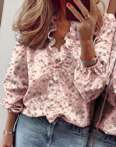👚 50% RABATT 🌸 | Långärmad Damskjorta med Volanger – Lös Passform & Lanternärmar