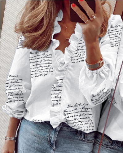 👚 50% RABATT 🌸 | Långärmad Damskjorta med Volanger – Lös Passform & Lanternärmar