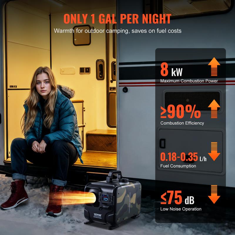 8 kW dieselvärmare, 12 V/24 V allt-i-ett-dieselvärmare, Bluetooth-APP-styrning, fjärrkontroll och display, CO-larm, snabb uppvärmning