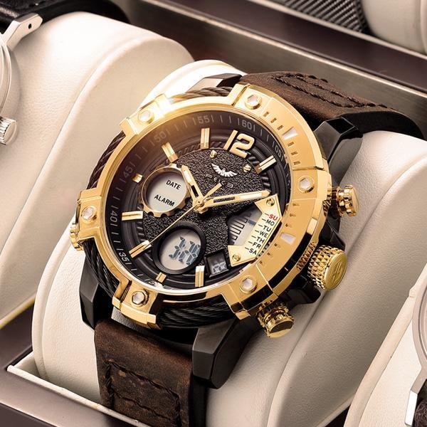 Multifunktionell dubbel display 3ATM vattentäta mansklocka med kvarts och sportfunktion