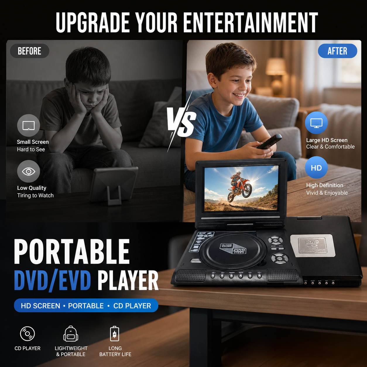 📺 50 % RABATT NU! 💿 Uppladdningsbar DVD-spelare med 7,8" HD-skärm – stöd för DVD, USB & SD – perfekt för resor och filmkvällar 🎬