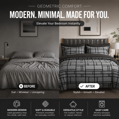 Moderna, minimalistiska sängkläder med geometriska mönster