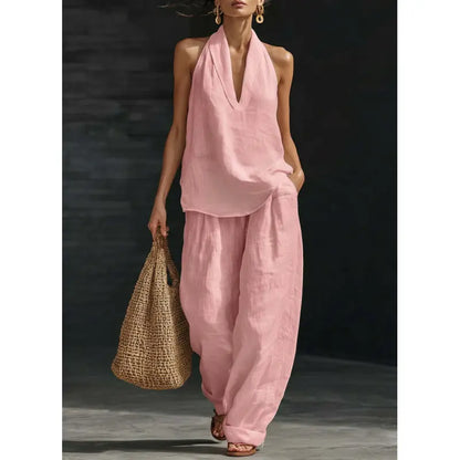 👚 50% RABATT! 🌞 Boho Linne Tvådelat Set – Halslinne & Vida Byxor, Lätt & Perfekt För En Ledig Sommarlook 💃