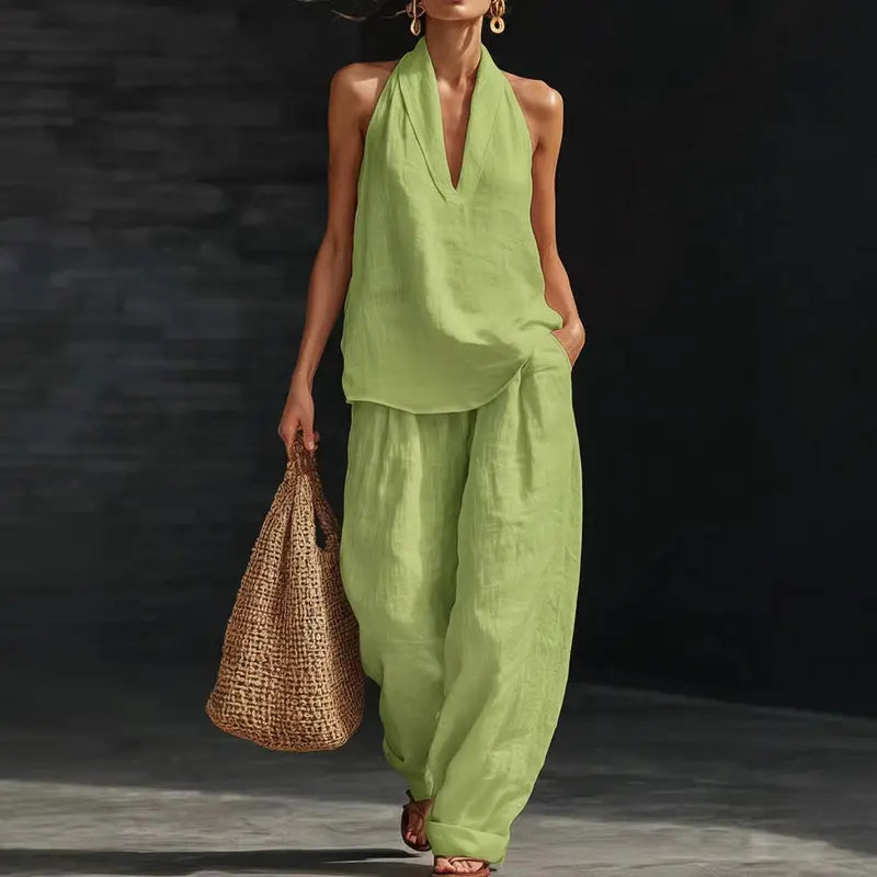 👚 50% RABATT! 🌞 Boho Linne Tvådelat Set – Halslinne & Vida Byxor, Lätt & Perfekt För En Ledig Sommarlook 💃
