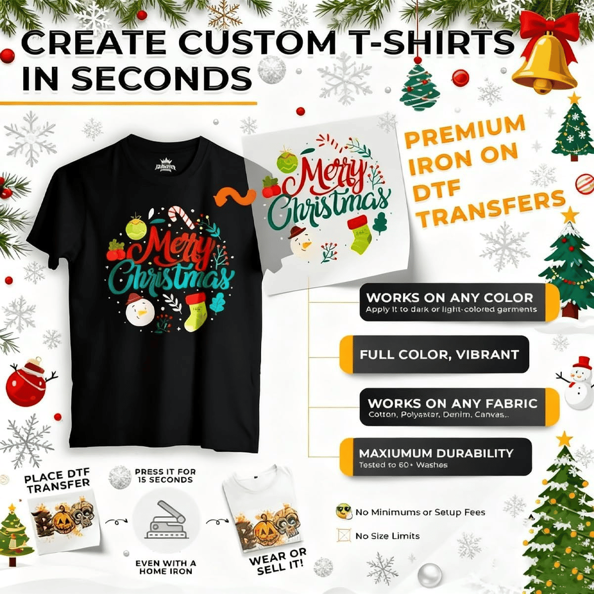 🎄 15 DELAR Julens Mysterie DTF-Transferpaket för Festliga DIY-kreationer