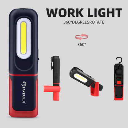🔥SAKERPLUS uppladdningsbar arbetslampa, 3000 LM COB-LED-lampa med magnetfäste för mekaniker, 360° vridbar krok, 180° justerbart stativ, ficklampeläge, USB-C-laddning, IP54-vattentålig för bilreparationer, garage och camping