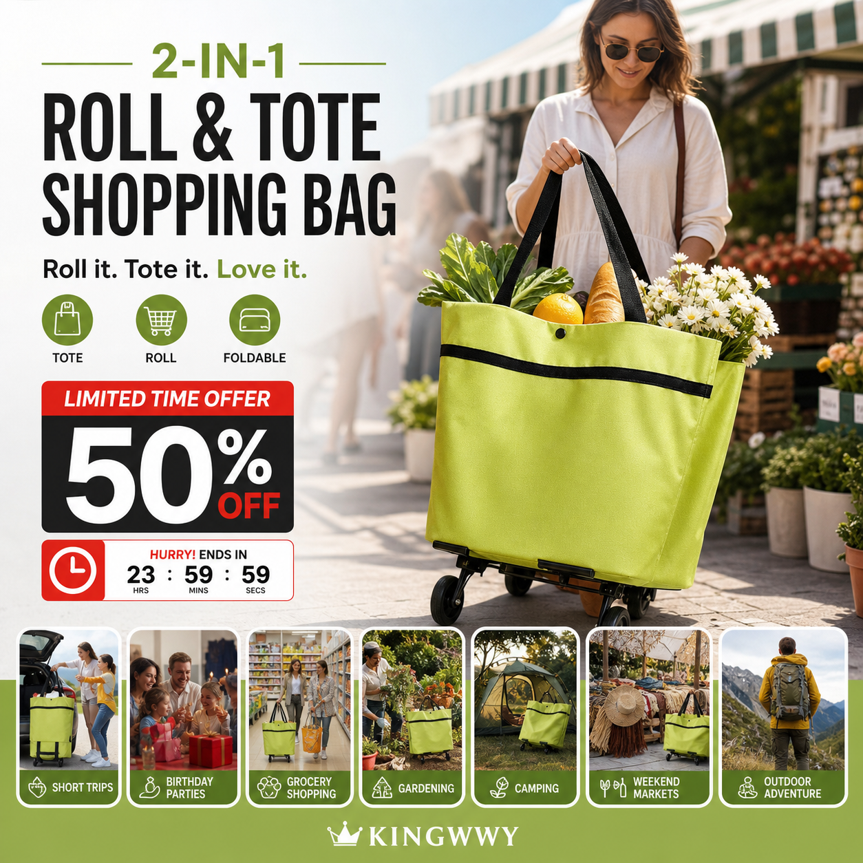🛒 50% RABATT NU! 2‑i‑1 hopfällbar shoppingvagn – stor kapacitet, slitstarkt Oxford‑tyg & tysta hjul – perfekt för matbutik, marknad, camping och resor 🧳✨