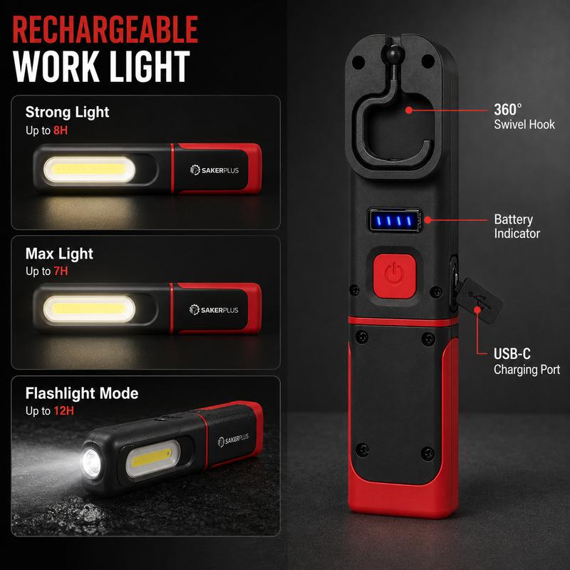 🔥SAKERPLUS uppladdningsbar arbetslampa, 3000 LM COB-LED-lampa med magnetfäste för mekaniker, 360° vridbar krok, 180° justerbart stativ, ficklampeläge, USB-C-laddning, IP54-vattentålig för bilreparationer, garage och camping